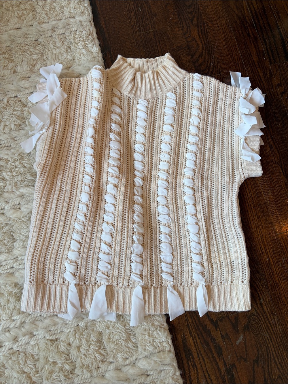 Club Monaco Cream Ribbon-Detail Sleeveless Turtleneck Sweater